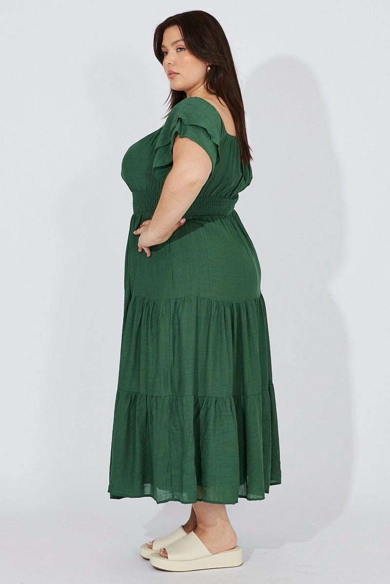 Green Off Shoulder Layer Midi Dress Casual and Comfy
