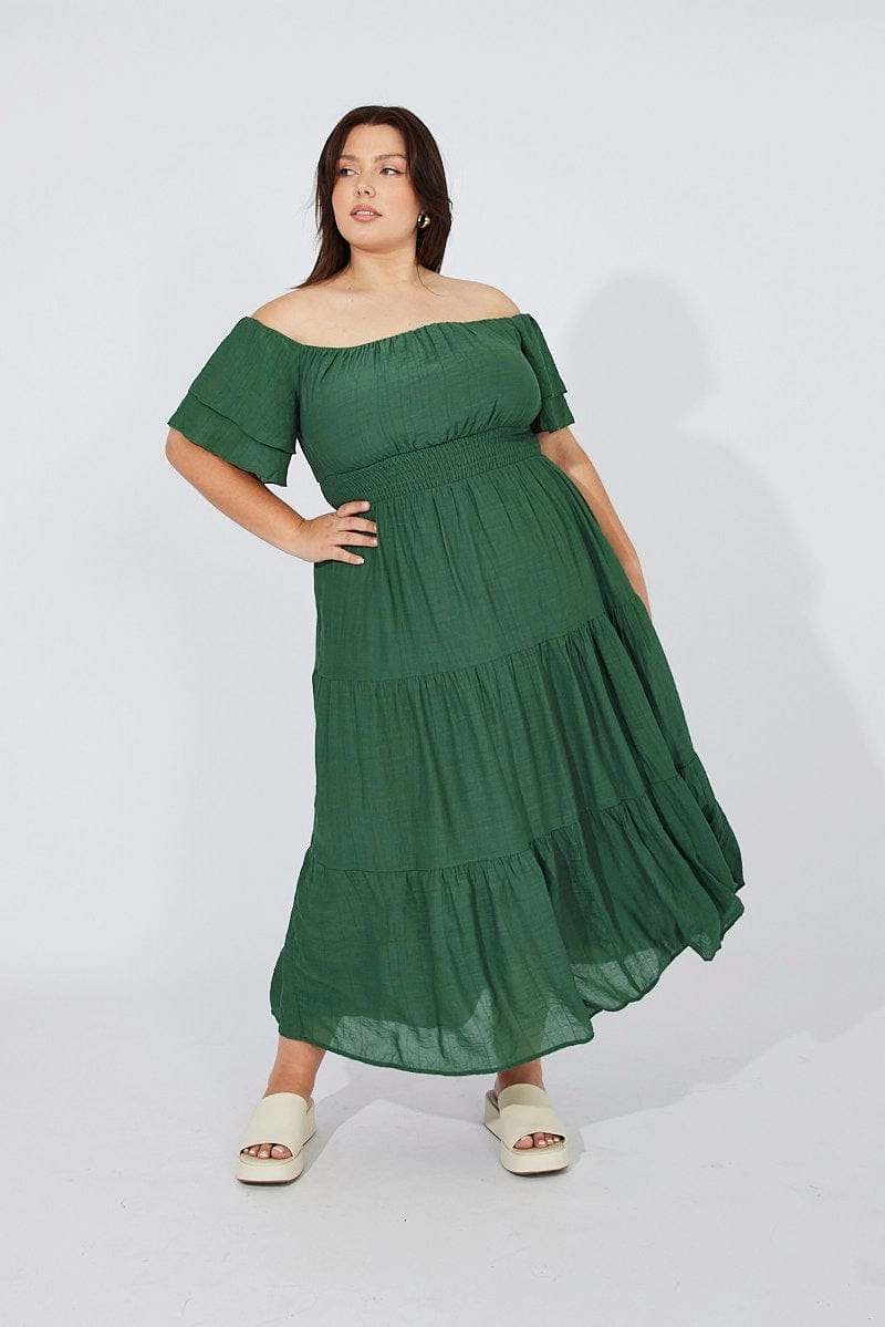 Romance Glow Sweetheart Cut Green Off Shoulder Layer Midi Dress