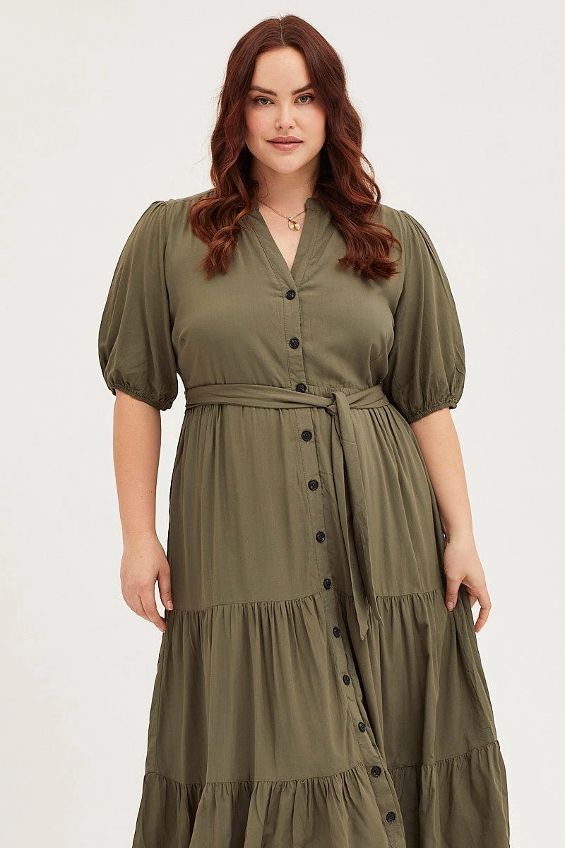 Easy Vibe Chic beachwear dress Green Short Sleeve Black Collared Button Midi Dress