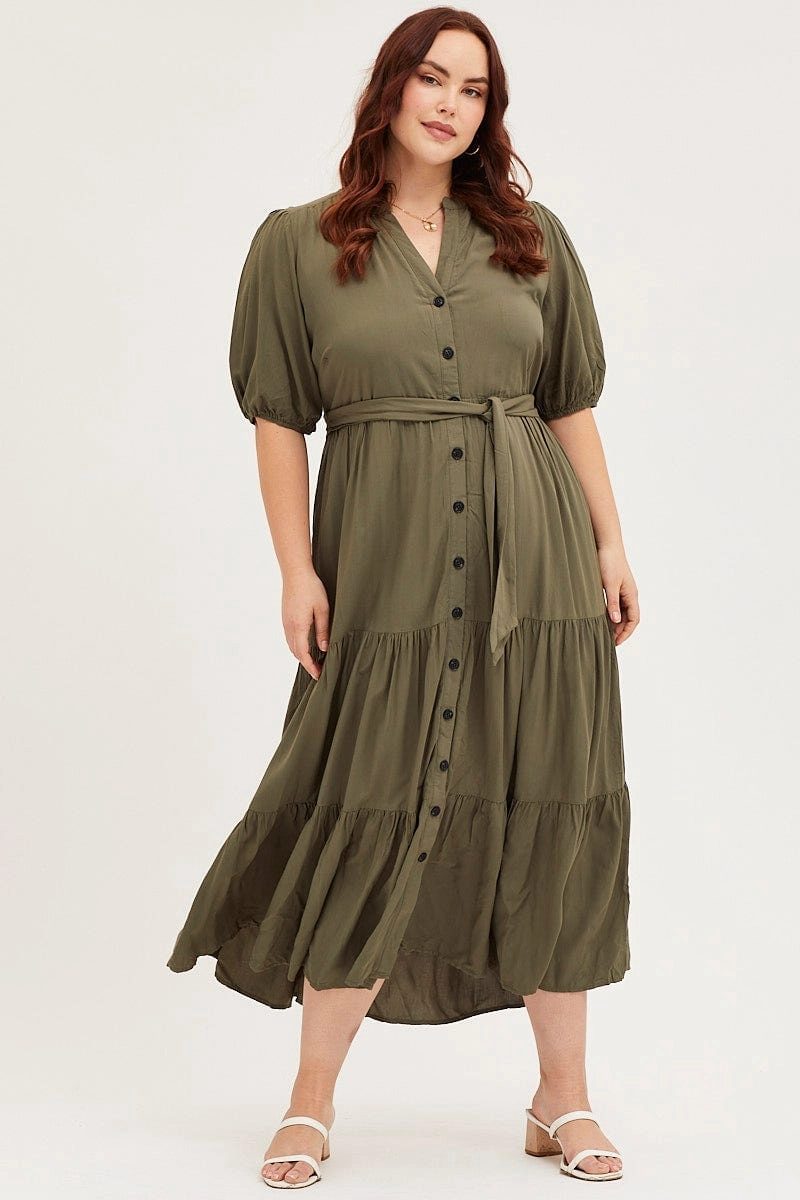 Rose Soft Evening Glow Green Short Sleeve Black Collared Button Midi Dress