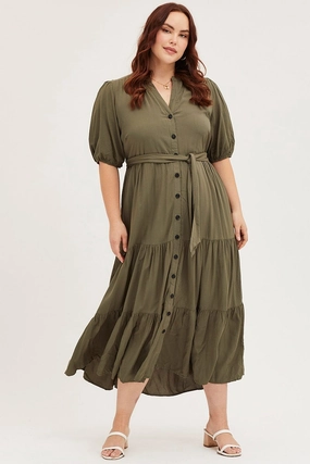 Rose Soft Evening Glow Green Short Sleeve Black Collared Button Midi Dress