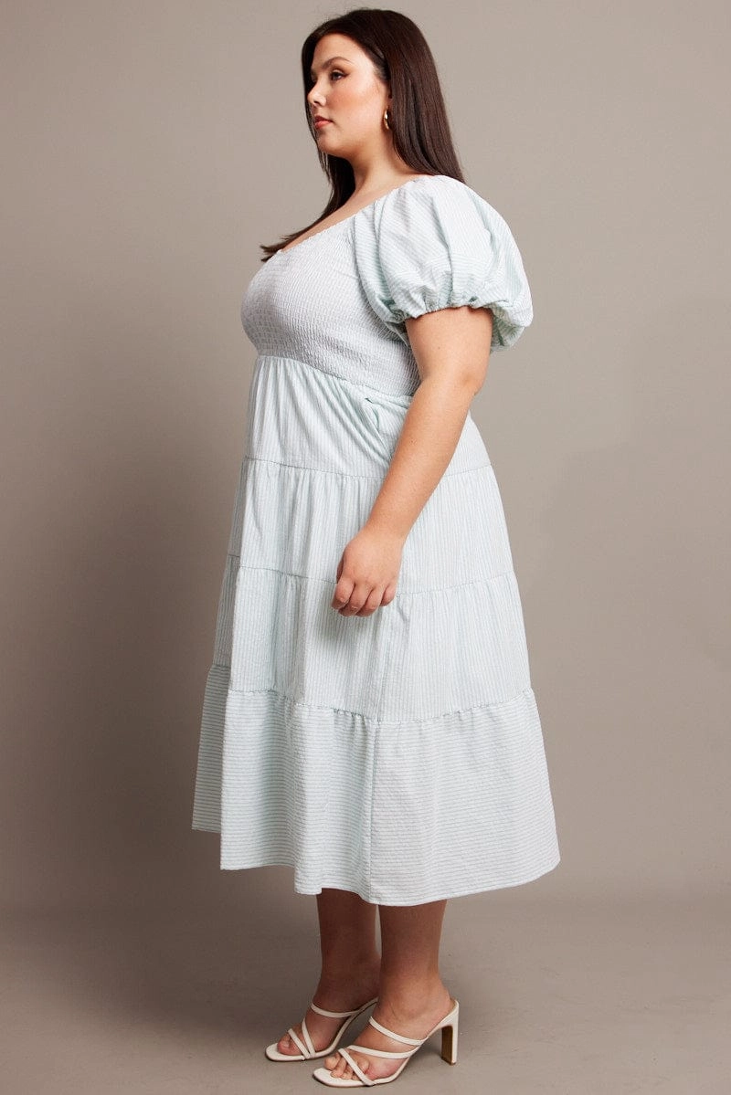 Social Ease Timeless Comfort Wear Green Stripe Midi Dress Short Sleeve Tiered