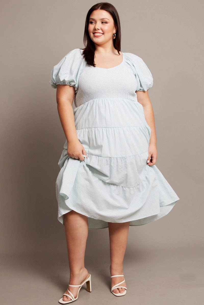 Flare Hem Green Stripe Midi Dress Short Sleeve Tiered