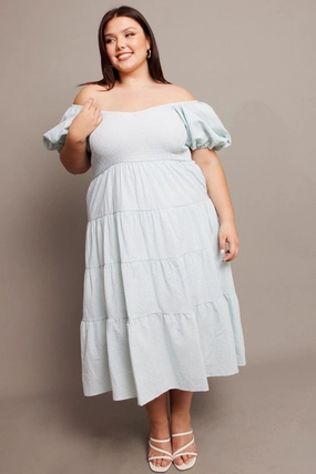 Neutral Feel Green Stripe Midi Dress Short Sleeve Tiered