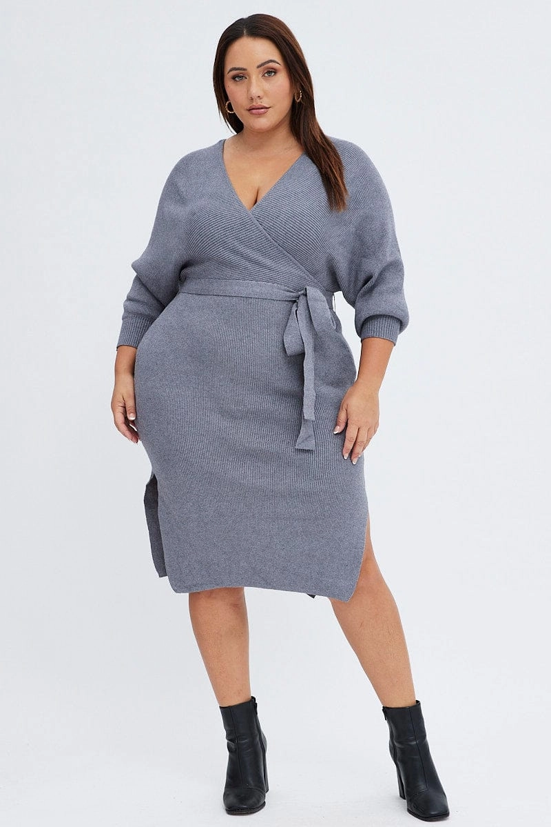 Formal Style Grey Knit Dress Knee Length Crossover