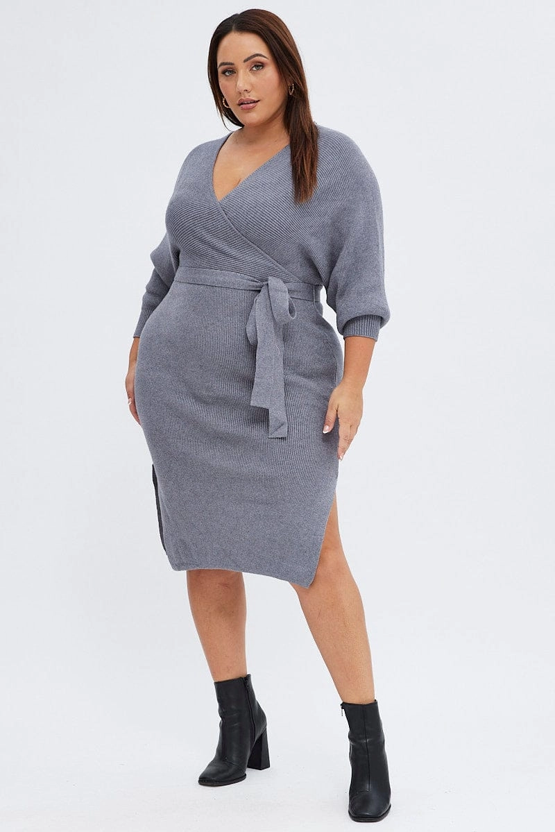 Ethically-Made Grey Knit Dress Knee Length Crossover