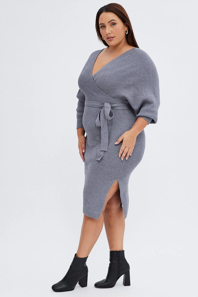 Grey Knit Dress Knee Length Crossover Satin Layers