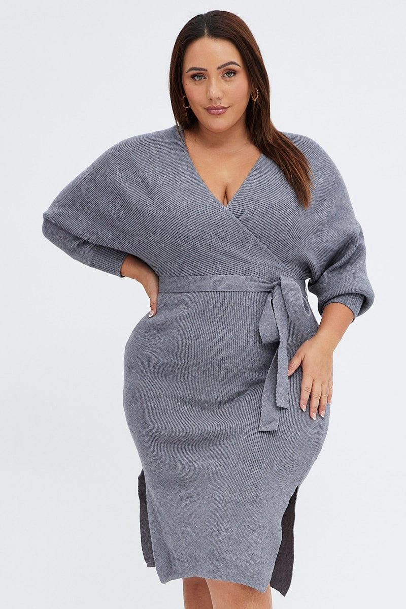 Golden Scene Grey Knit Dress Knee Length Crossover