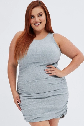Grey Ruched Dress Rib Bodycon Jersey High Hemline museum visit