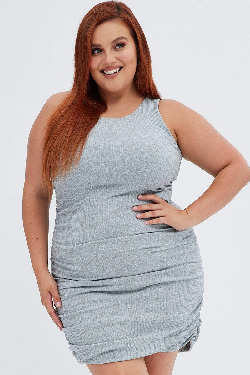 Grey Ruched Dress Rib Bodycon Jersey High Hemline museum visit