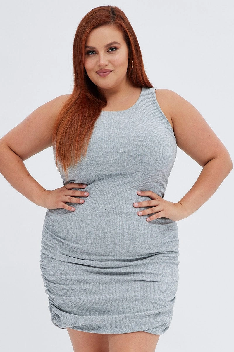 Grey Ruched Dress Rib Bodycon Jersey Weekend Casual Classic wrap dress