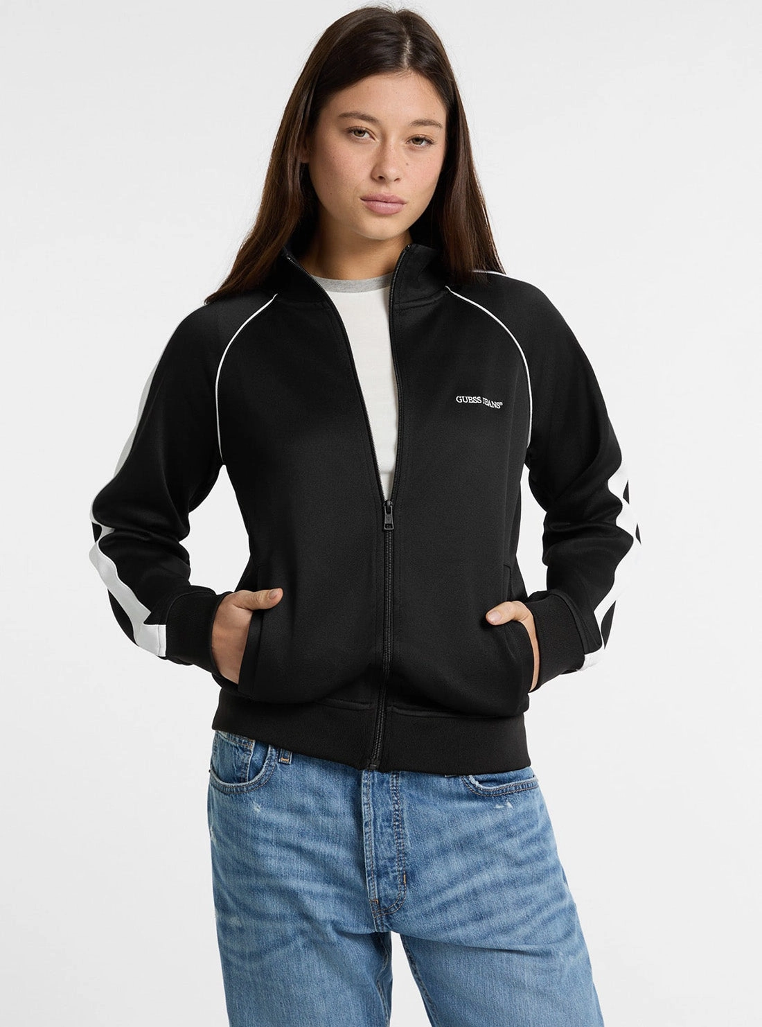 No Roll Collar Technology Guess Jeans Eco Black Tricot Track Jacket