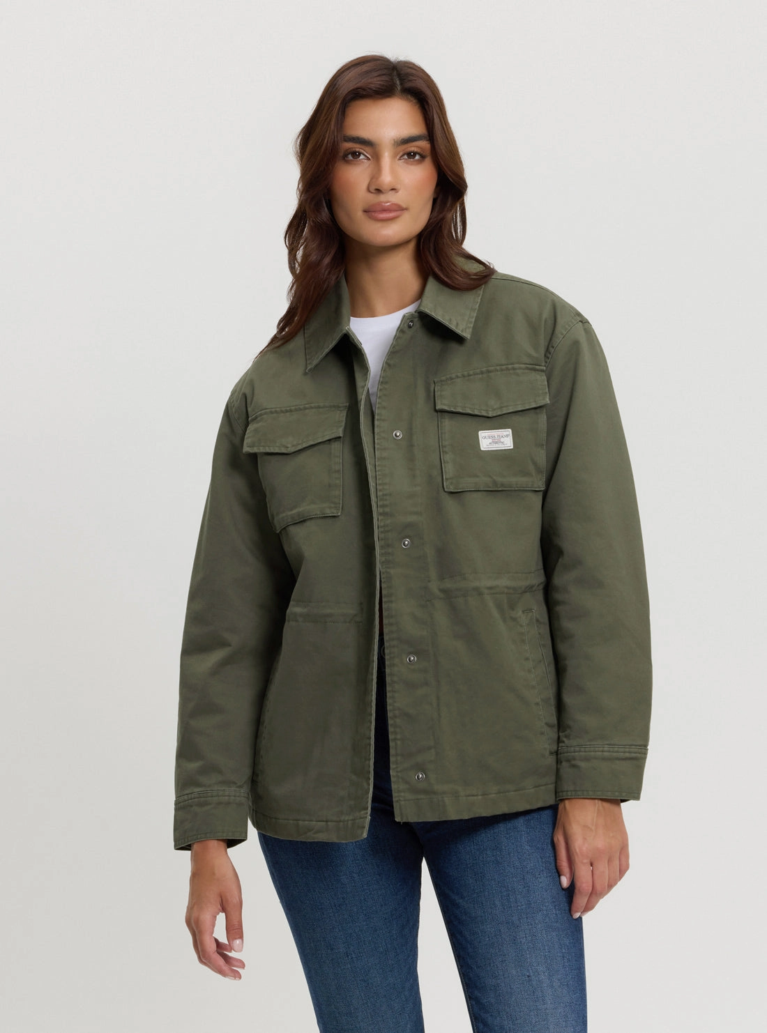 Reinforced Collar Structure Guess Jeans Green Utility Jacket