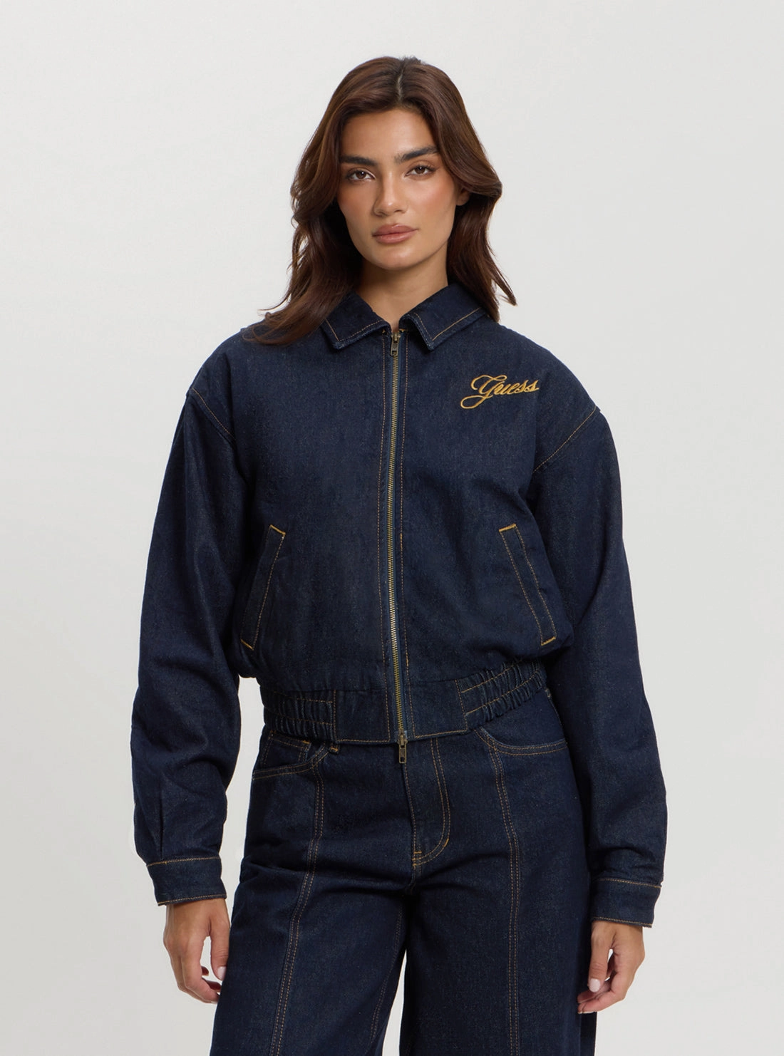 Guess Originals Blue Denim Bomber Jacket Transitional Weather Piece Thermal Lining Tech