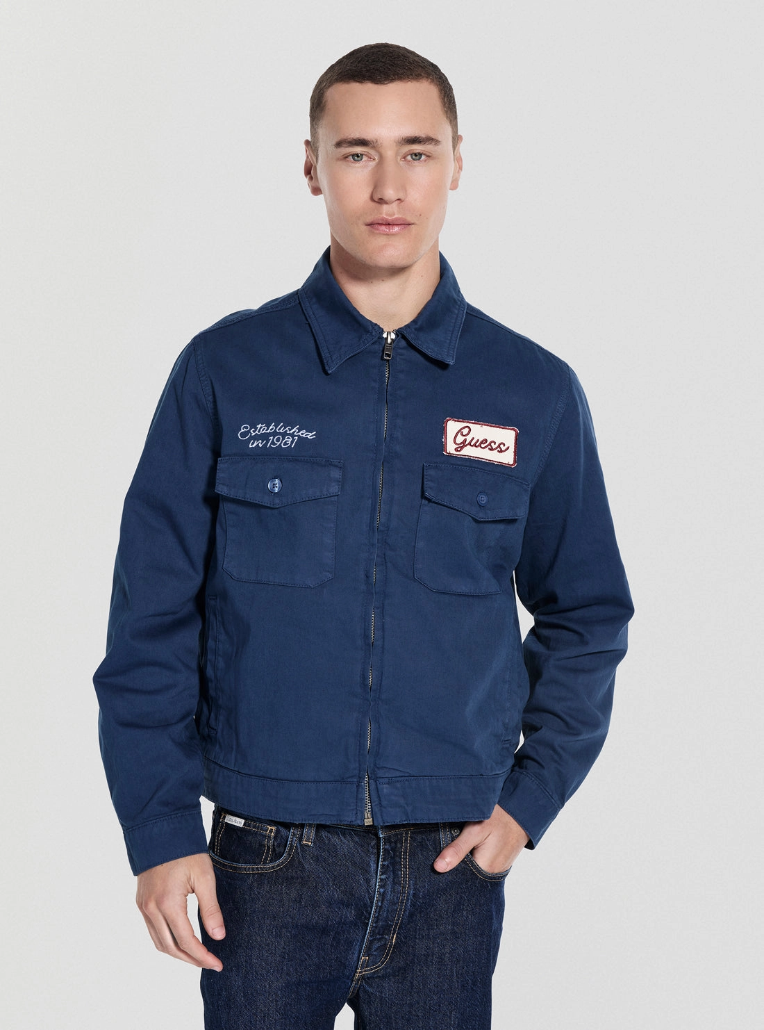 Guess Originals Eco Blue Full Zip Cap Jacket Multi Pocket System