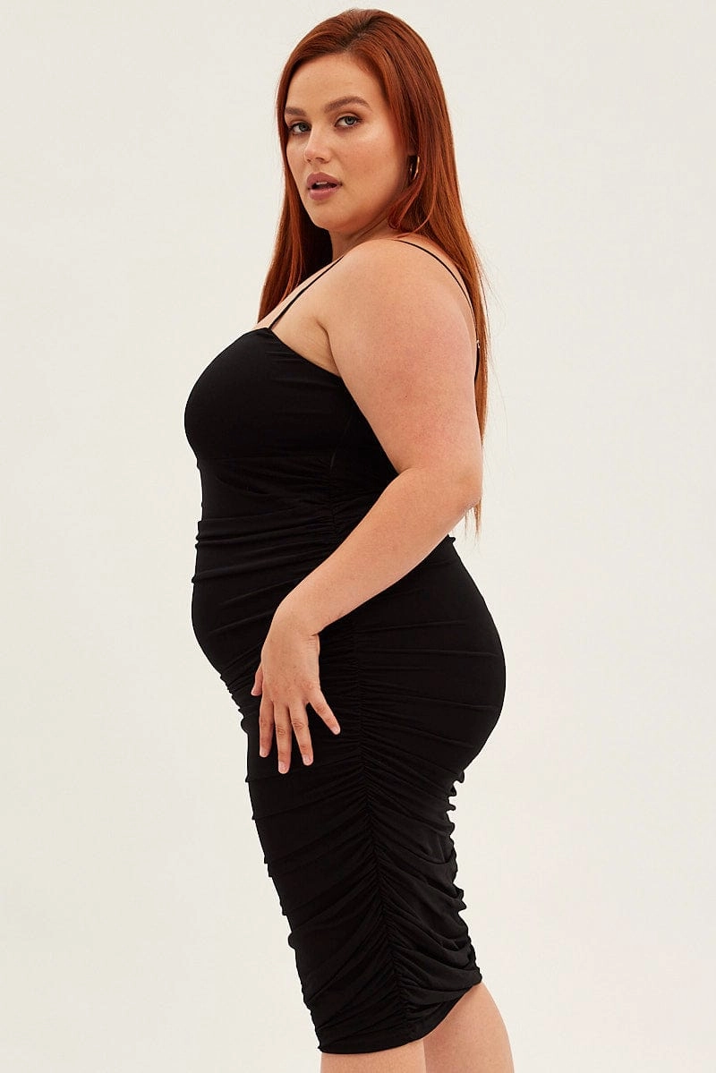 Jewel-Tone Black Midi Dress Mesh Ruched Side Shoestring Strap