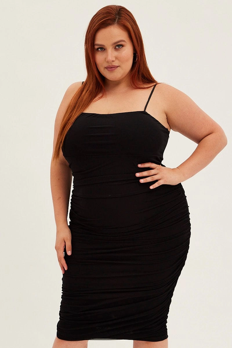 Black Midi Dress Mesh Ruched Side Shoestring Strap Sleeve Light Form Flow