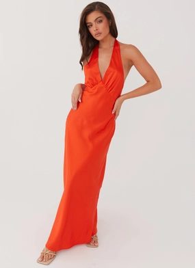Bright Bloom Daytime Mood Heavy Hearted Satin Maxi Dress - Sunset