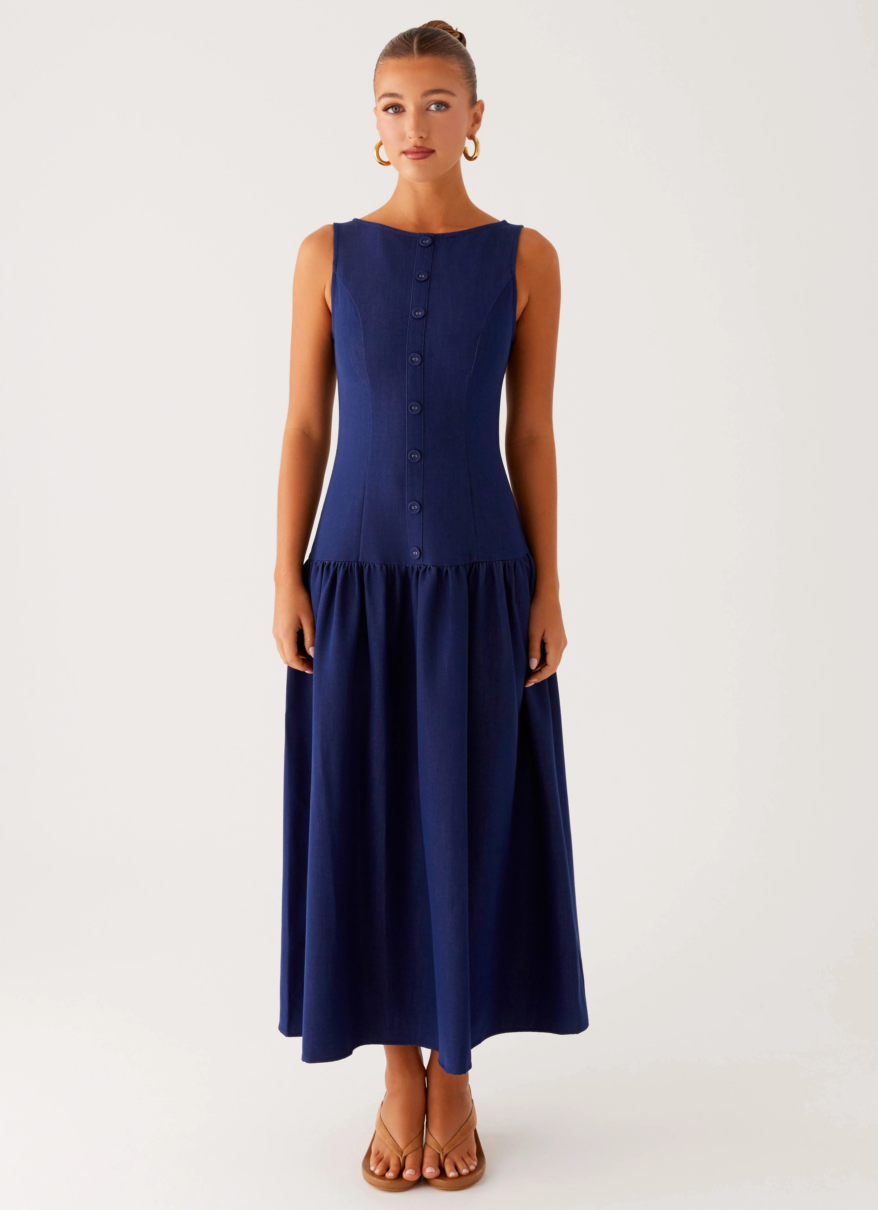Contrast-Piping Gentle Flow Hayes Denim Midi Dress - Indigo