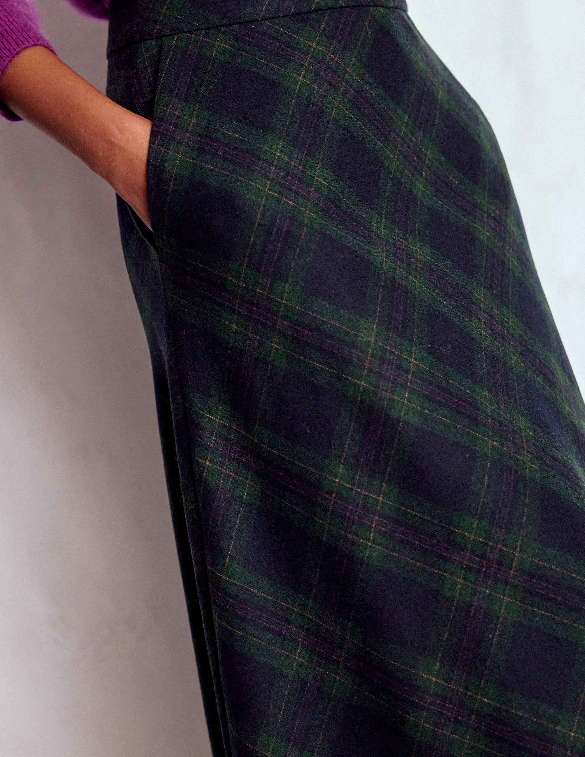 Hayley Wool Midi Skirt-Navy and Green Tonal Check Minimal Touch