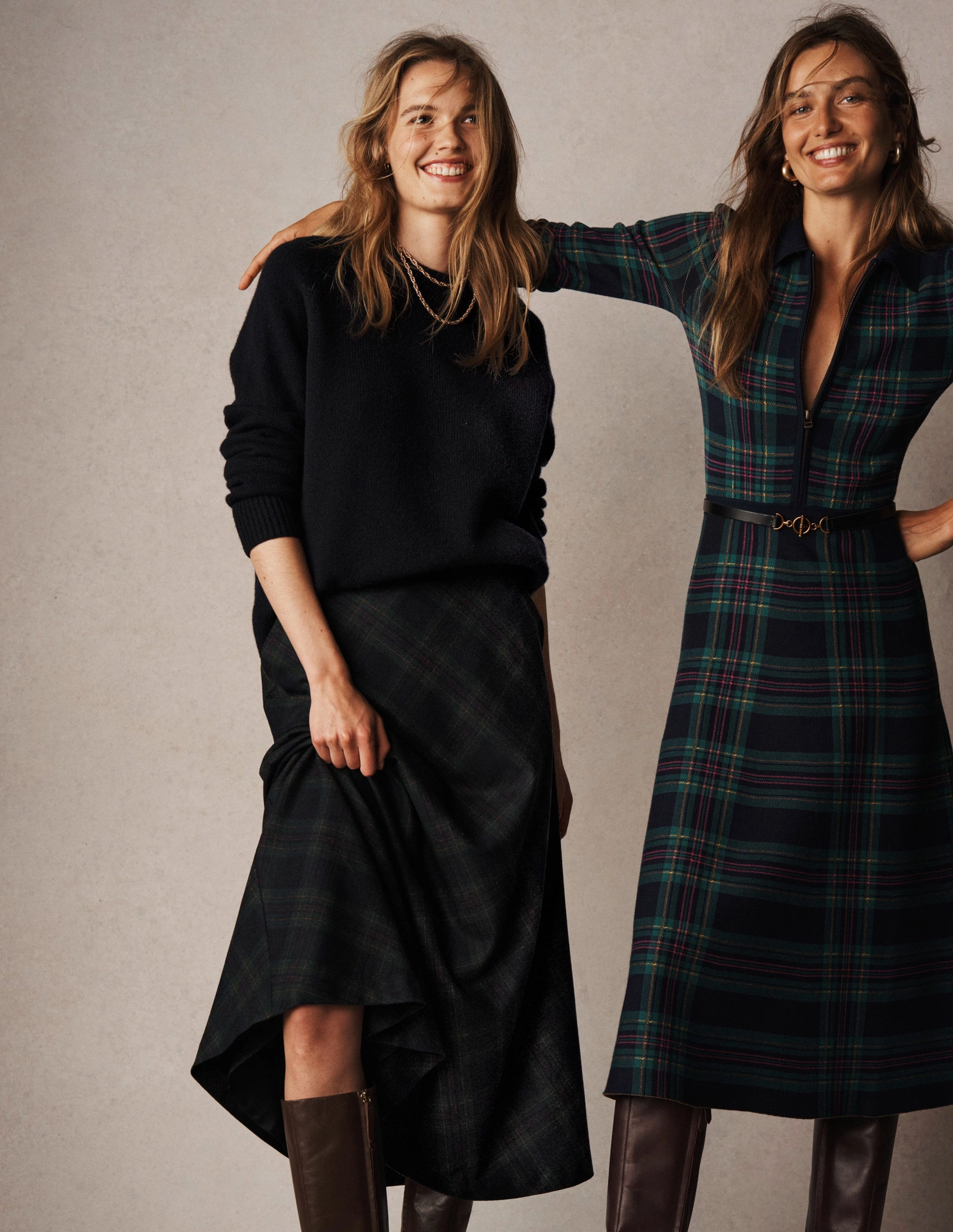 Hayley Wool Midi Skirt-Navy and Green Tonal Check Wrap style City Wear