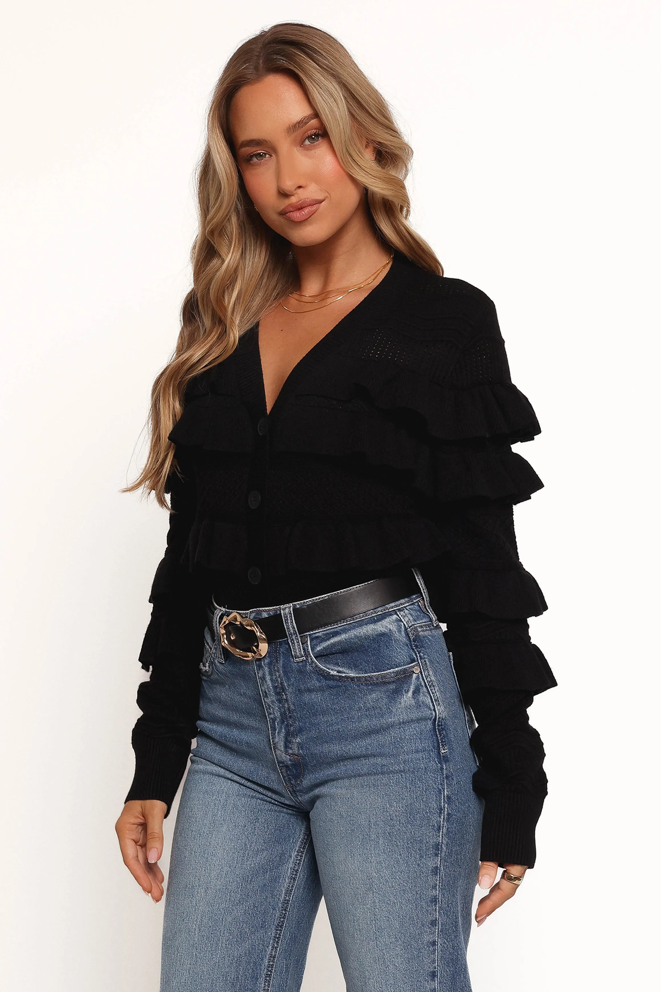 FadeResistant Dye Hayworth Ruffle detail Cardigan - Black