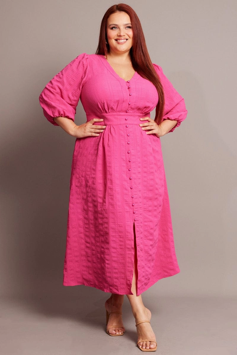 Vibrant Form Front-Slit Pink Midi Dress Short Sleeve Textured