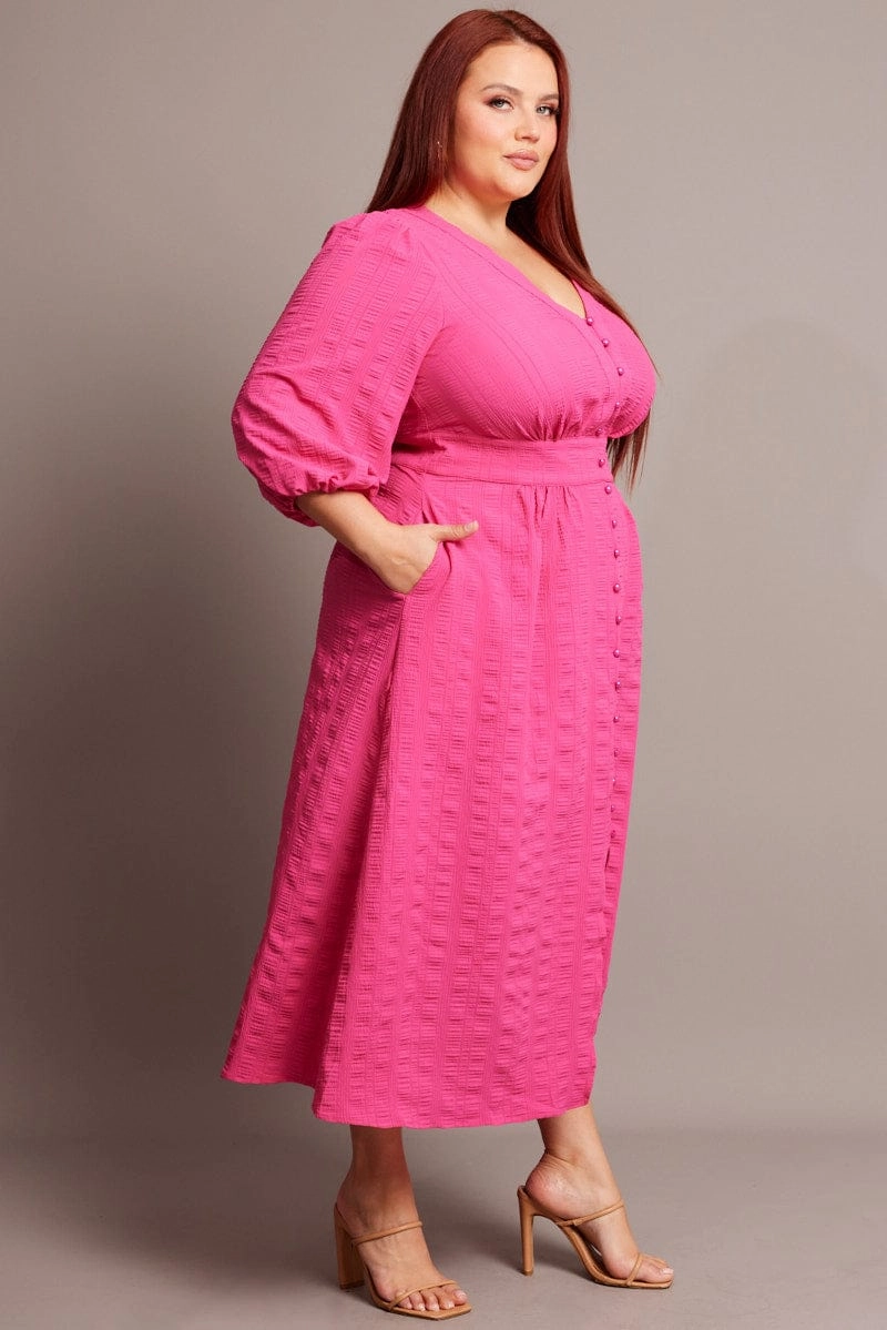 Pink Midi Dress Short Sleeve Textured Dance Night