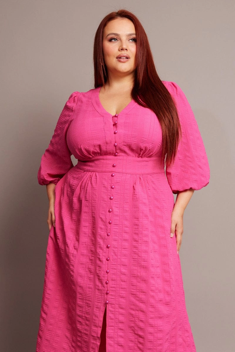 Premium Material Tailored Cut Pink Midi Dress Short Sleeve Textured