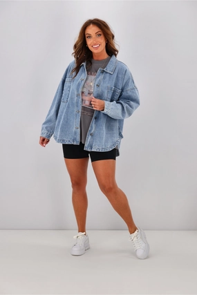 All About Eve Dale Shacket Light Blue Bright Color Rubberized Zippers