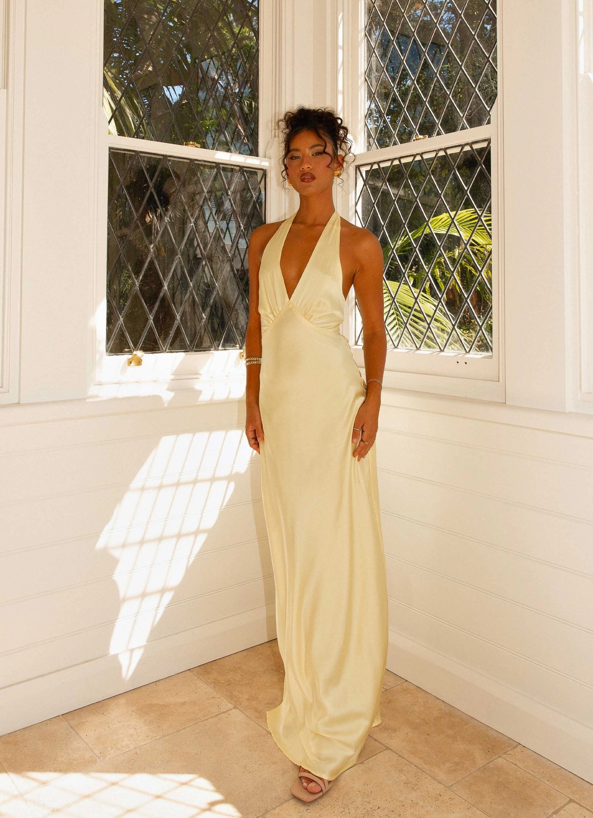 HypoallergenicFiber Heavy Hearted Satin Maxi Dress - Lemon