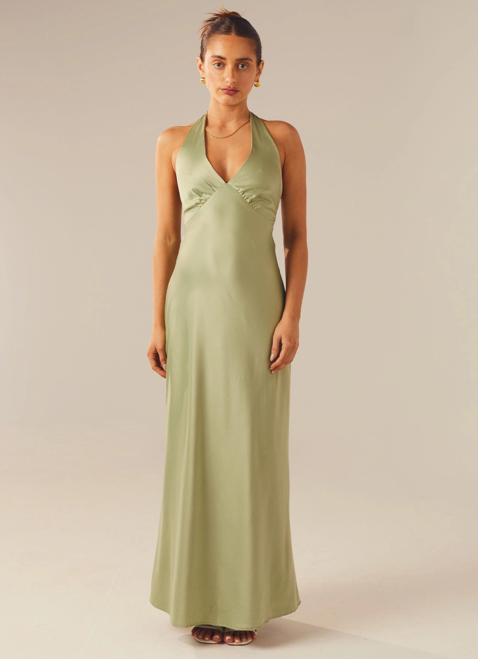 Weekend Feel Chic Waistband Design Heavy Hearted Satin Maxi Dress - Sage