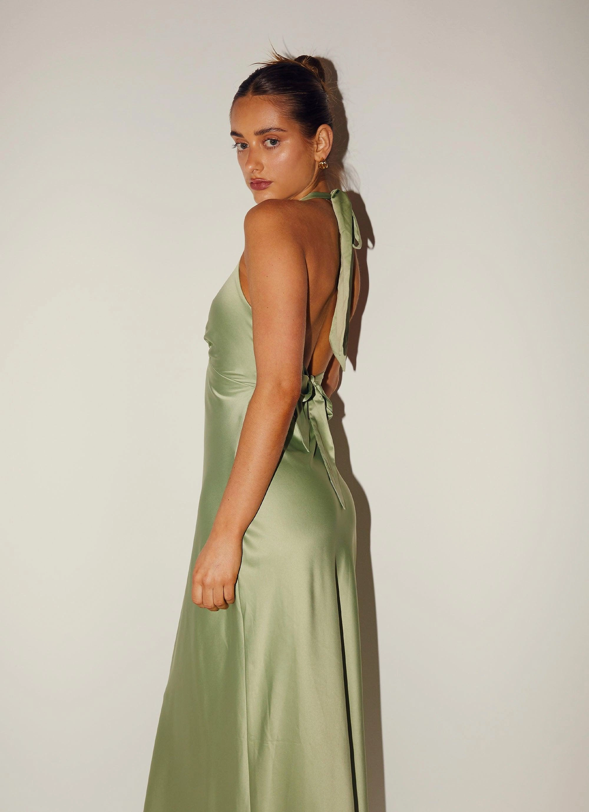 Heavy Hearted Satin Maxi Dress - Sage Pastel Sky Calm Flow