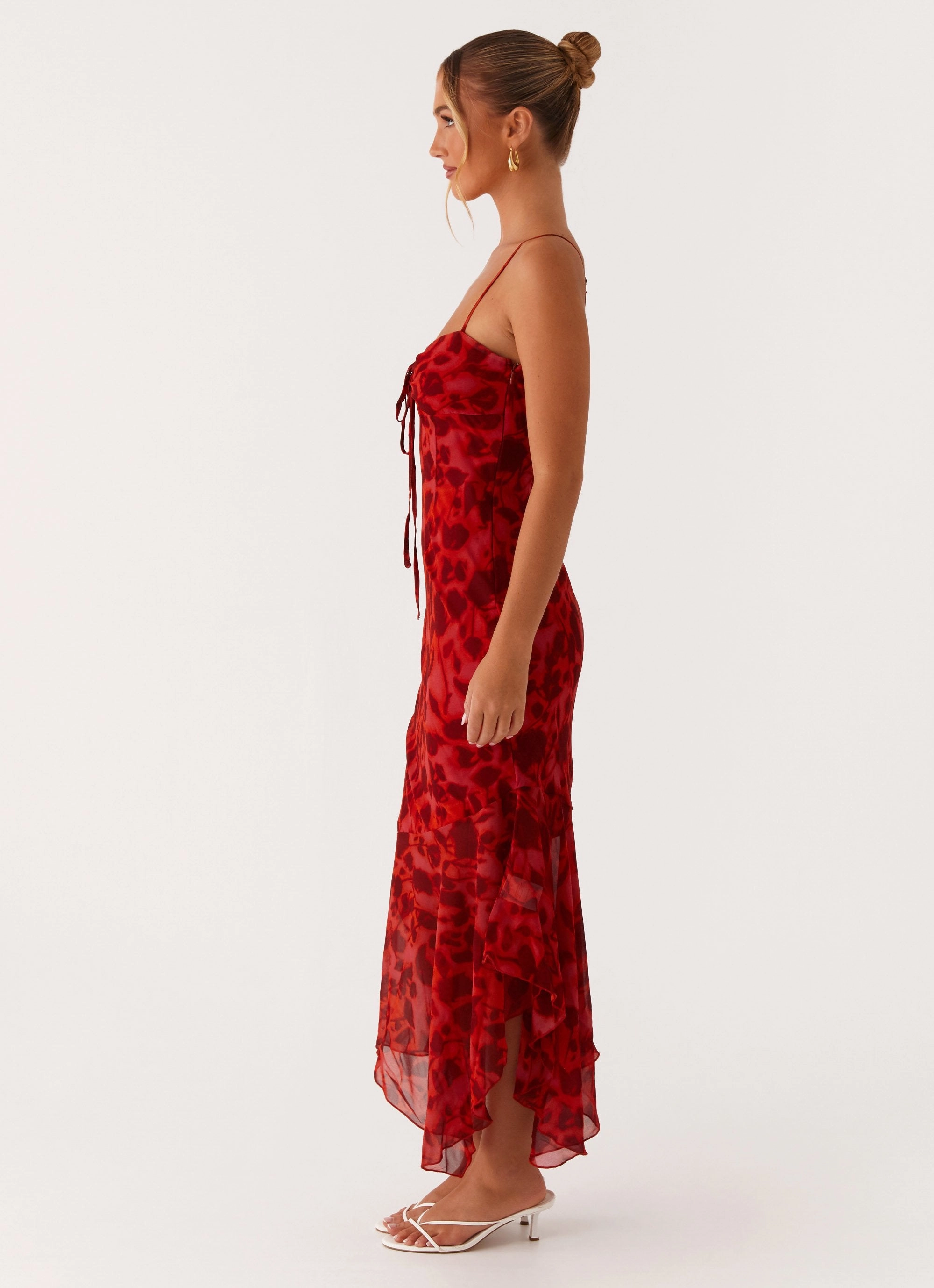 Sally Midi Dress - Deep Red Floral Skin Hug Summer-Season