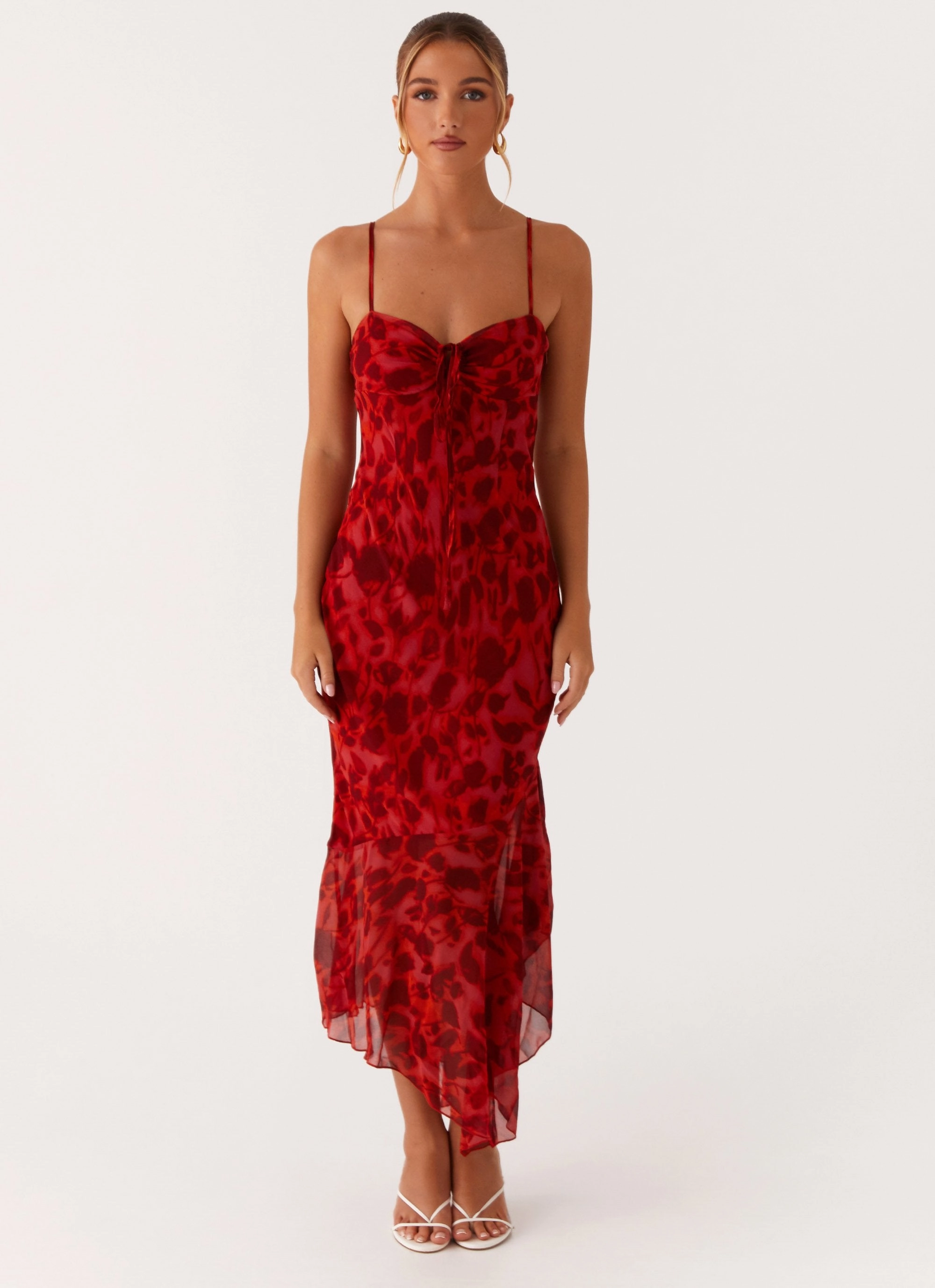 Free Shape Sally Midi Dress - Deep Red Floral