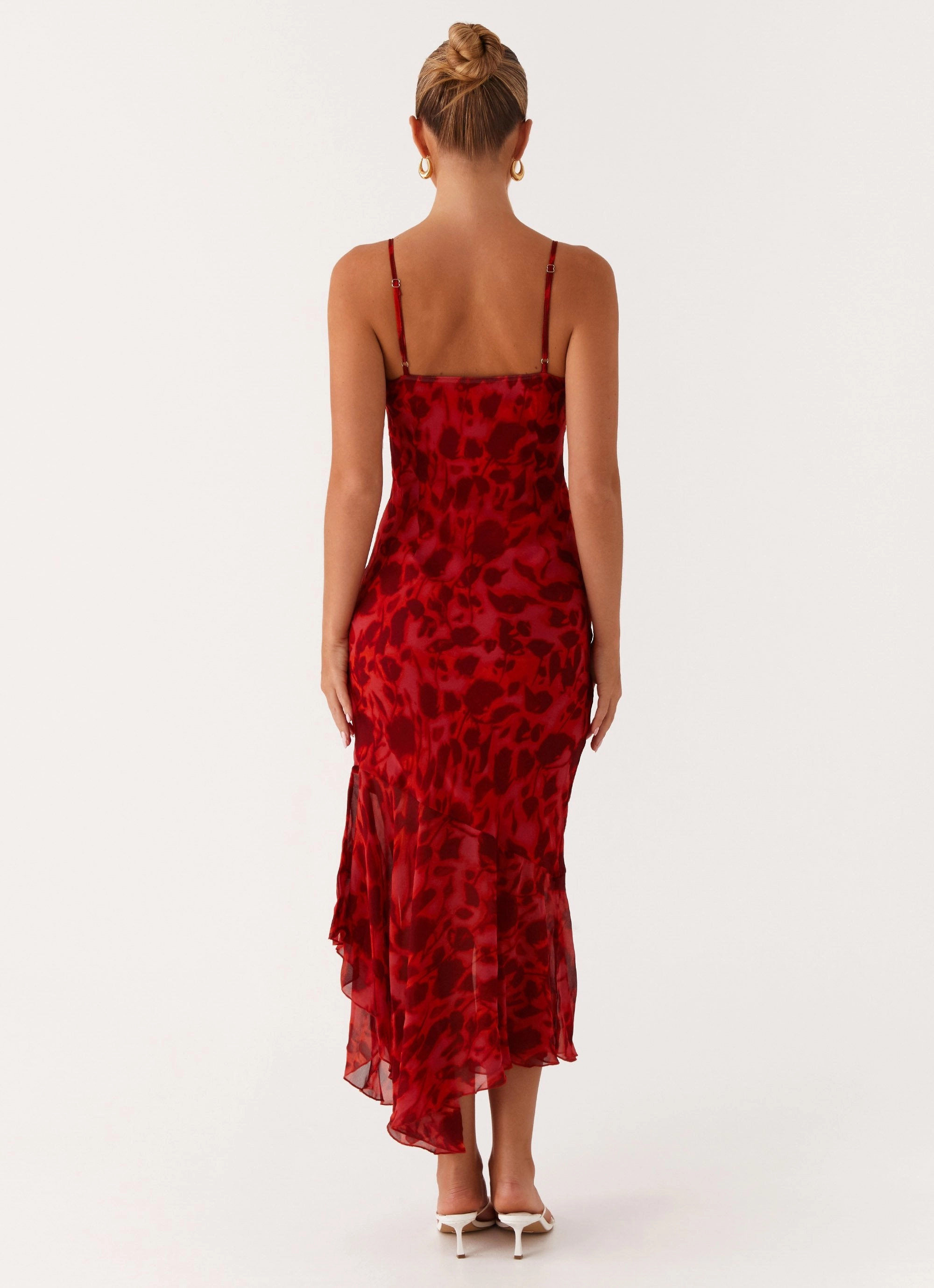 Sally Midi Dress - Deep Red Floral Drawstring-Waist