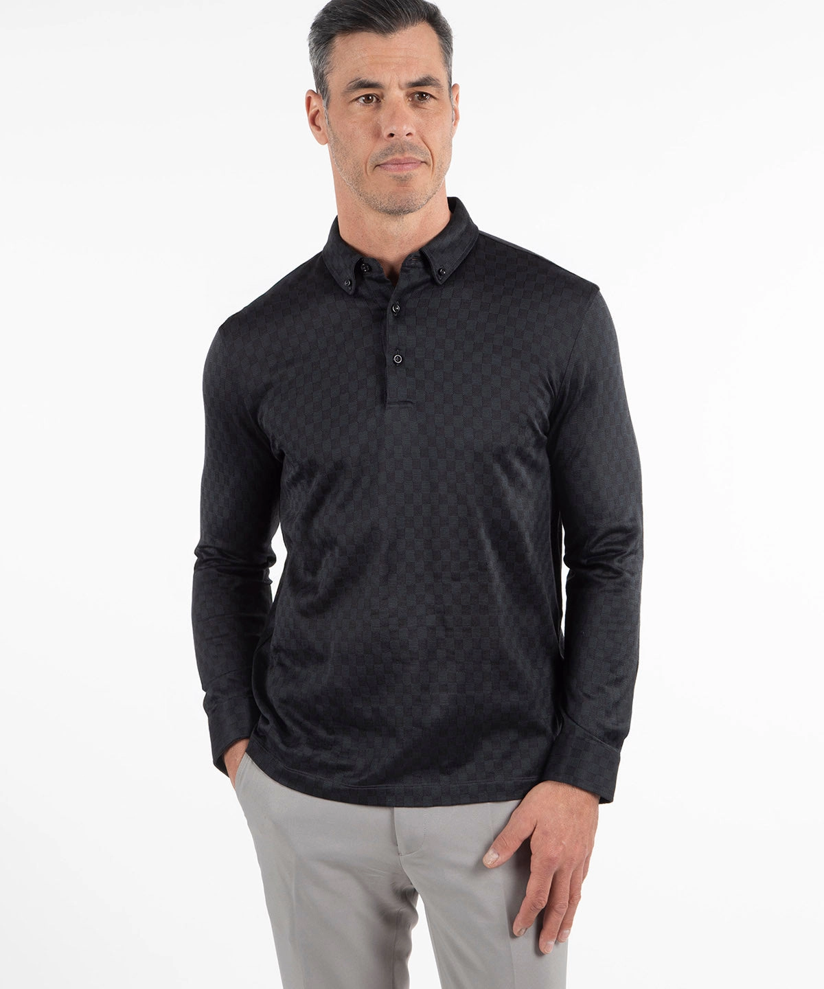 Light material Heritage Messina Tonal Checkered Jacquard Italian Cotton/Silk Blend Long-Sleeve Polo