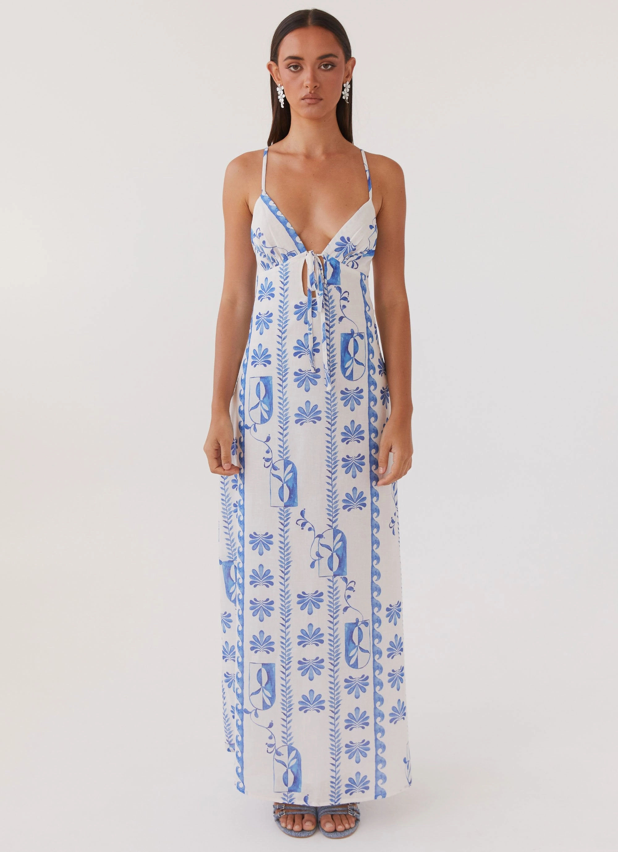 Minimalist Elegance City Rhythm Flora Linen Maxi Dress - Floral Wave