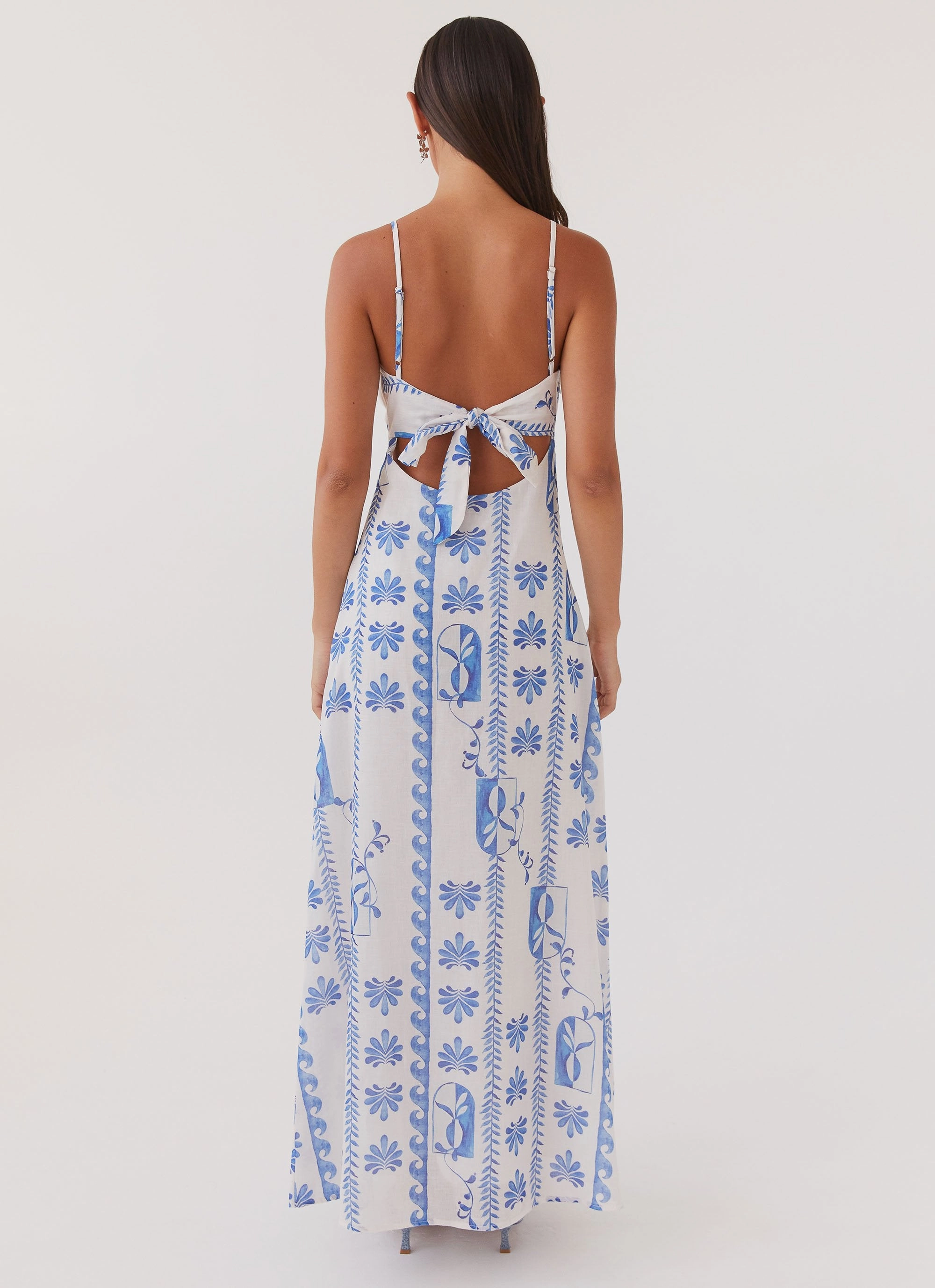 High-waisted evening piece Fine Texture Flora Linen Maxi Dress - Floral Wave