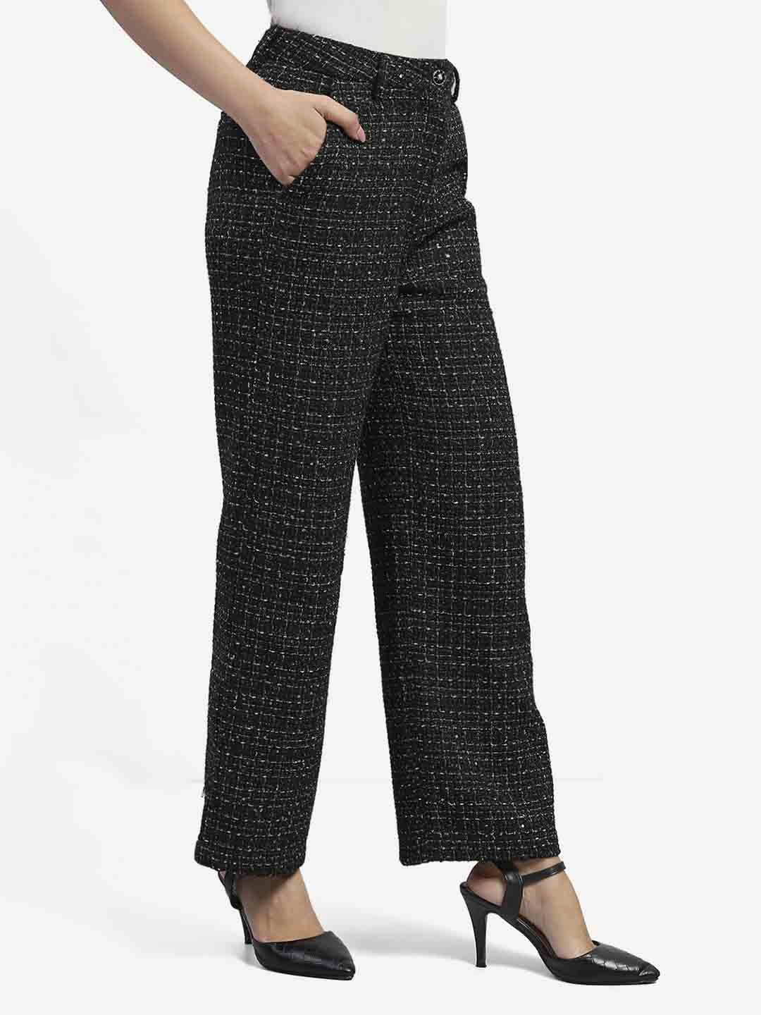 Madame Shanaya Kapoor Black Embellished Button Straight Fit Tweed Trousers clean design Flex Movement