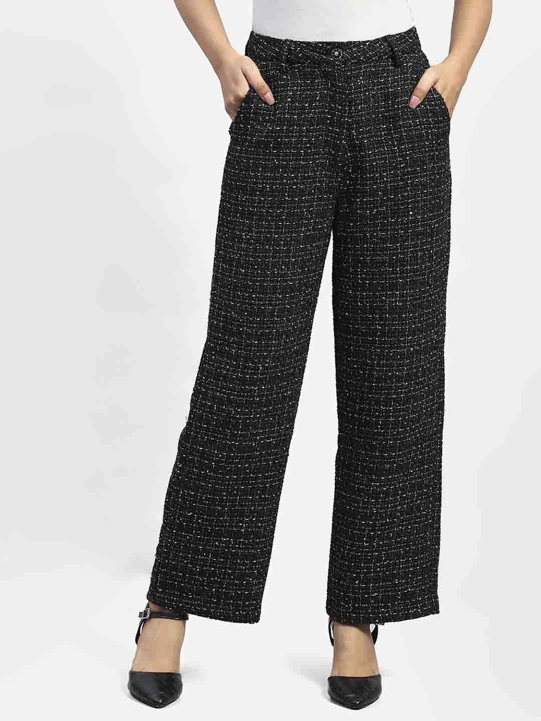 Madame Shanaya Kapoor Black Embellished Button Straight Fit Tweed Trousers Neutral Fit Casual Style