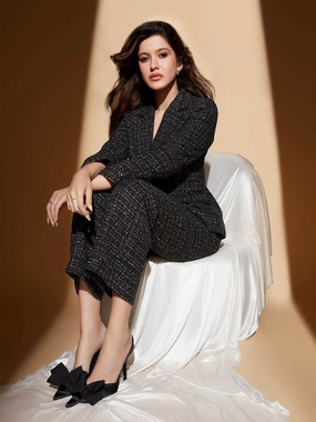 Casual Design Sleek and Soft Madame Shanaya Kapoor Black Embellished Button Straight Fit Tweed Trousers