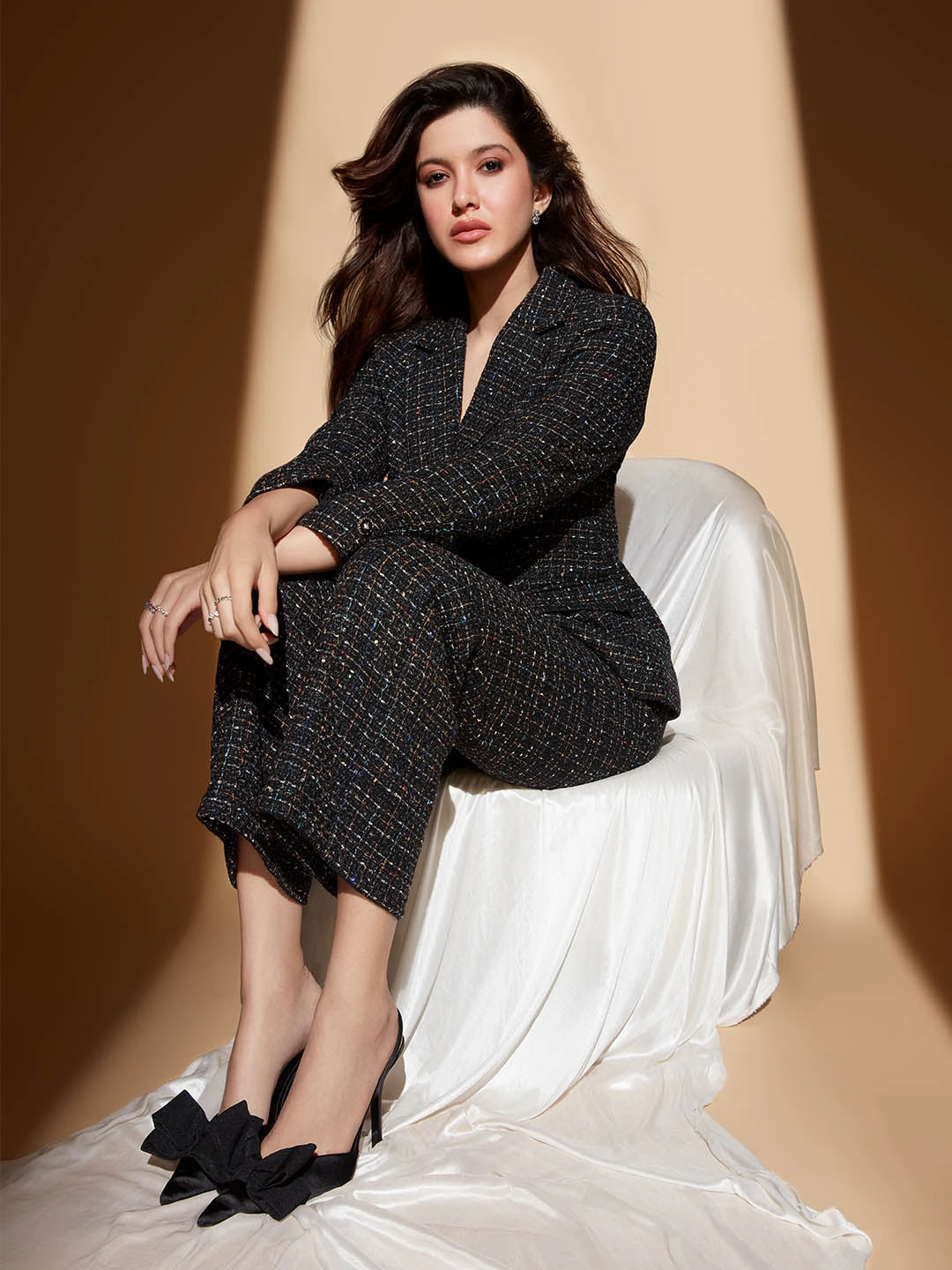 Casual Design Sleek and Soft Madame Shanaya Kapoor Black Embellished Button Straight Fit Tweed Trousers