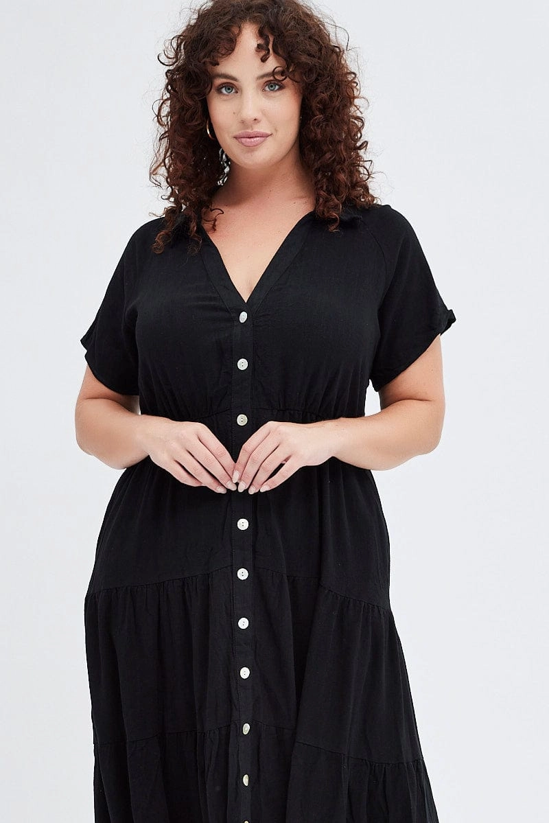 Baby-Shower Versatile occasion dress Black Shirtdress Midi Button Linen Blend Short Sleeve