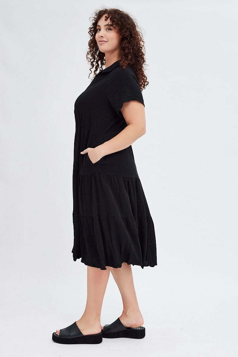 Black Shirtdress Midi Button Linen Blend Short Sleeve Wrinkle-Resistant Clasp-Closure
