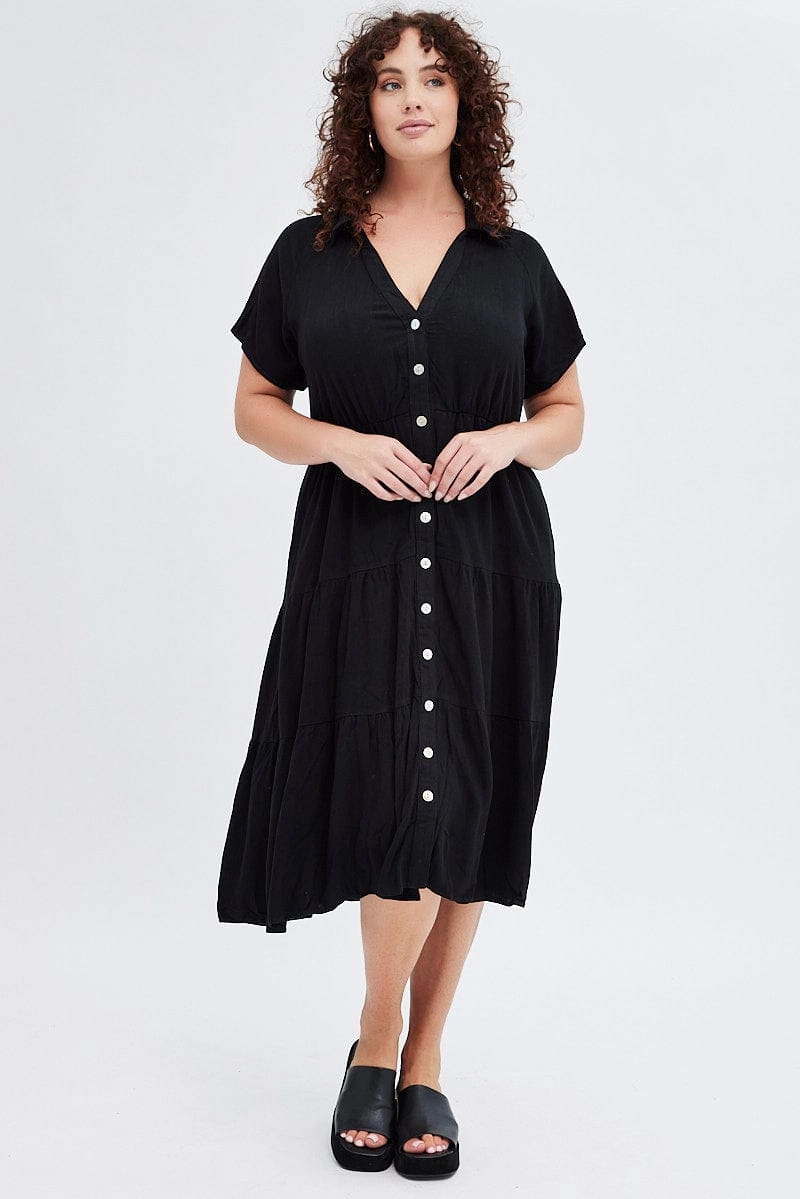 Black Shirtdress Midi Button Linen Blend Short Sleeve Flow Friendly Jewel Tones