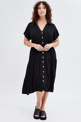 Black Shirtdress Midi Button Linen Blend Short Sleeve Flow Friendly Jewel Tones