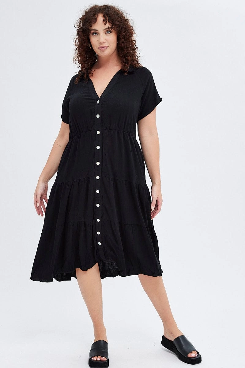 Black Shirtdress Midi Button Linen Blend Short Sleeve Wrap Charm