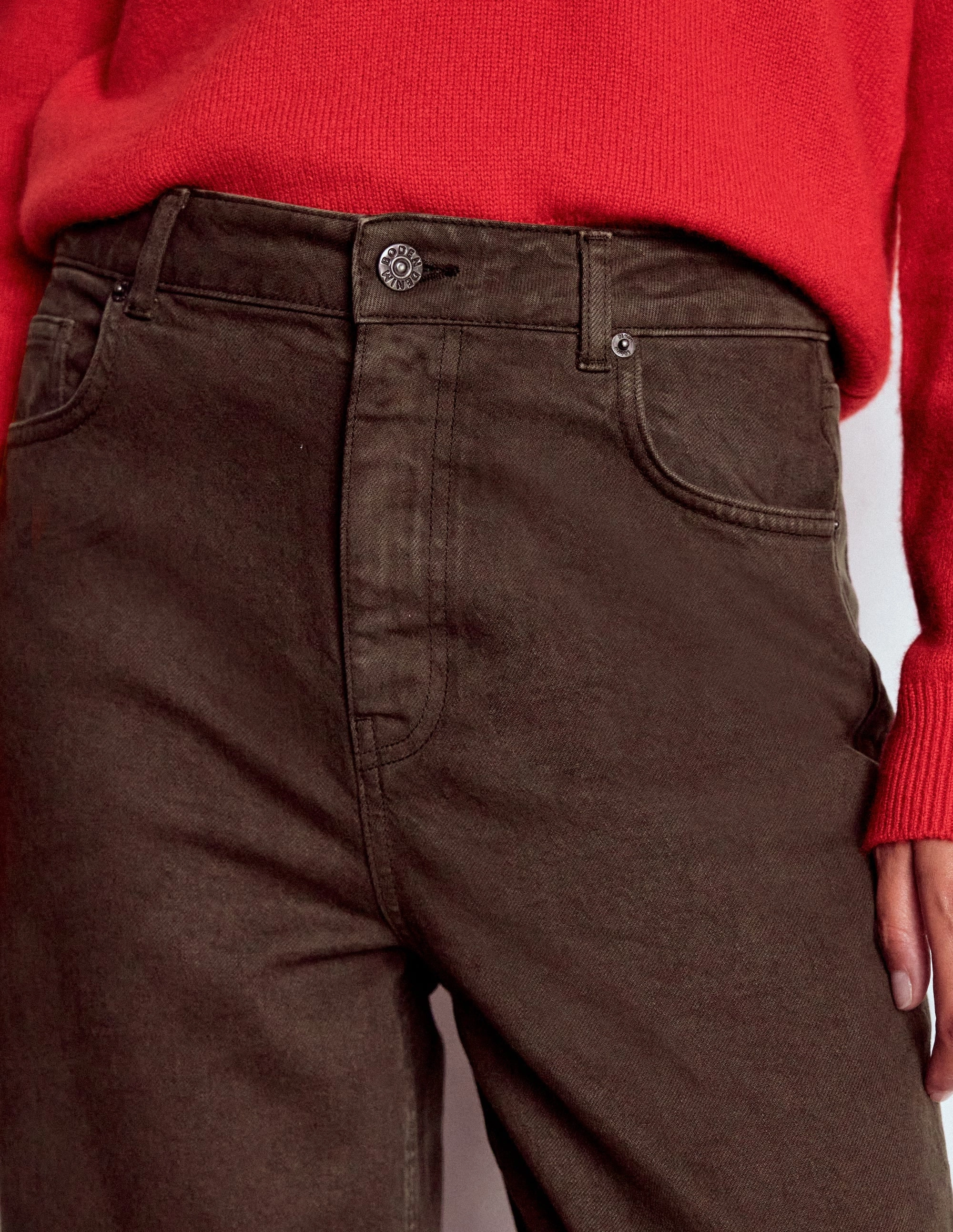 High Rise Column Leg Jeans-Chocolate Brown Windproof Membrane