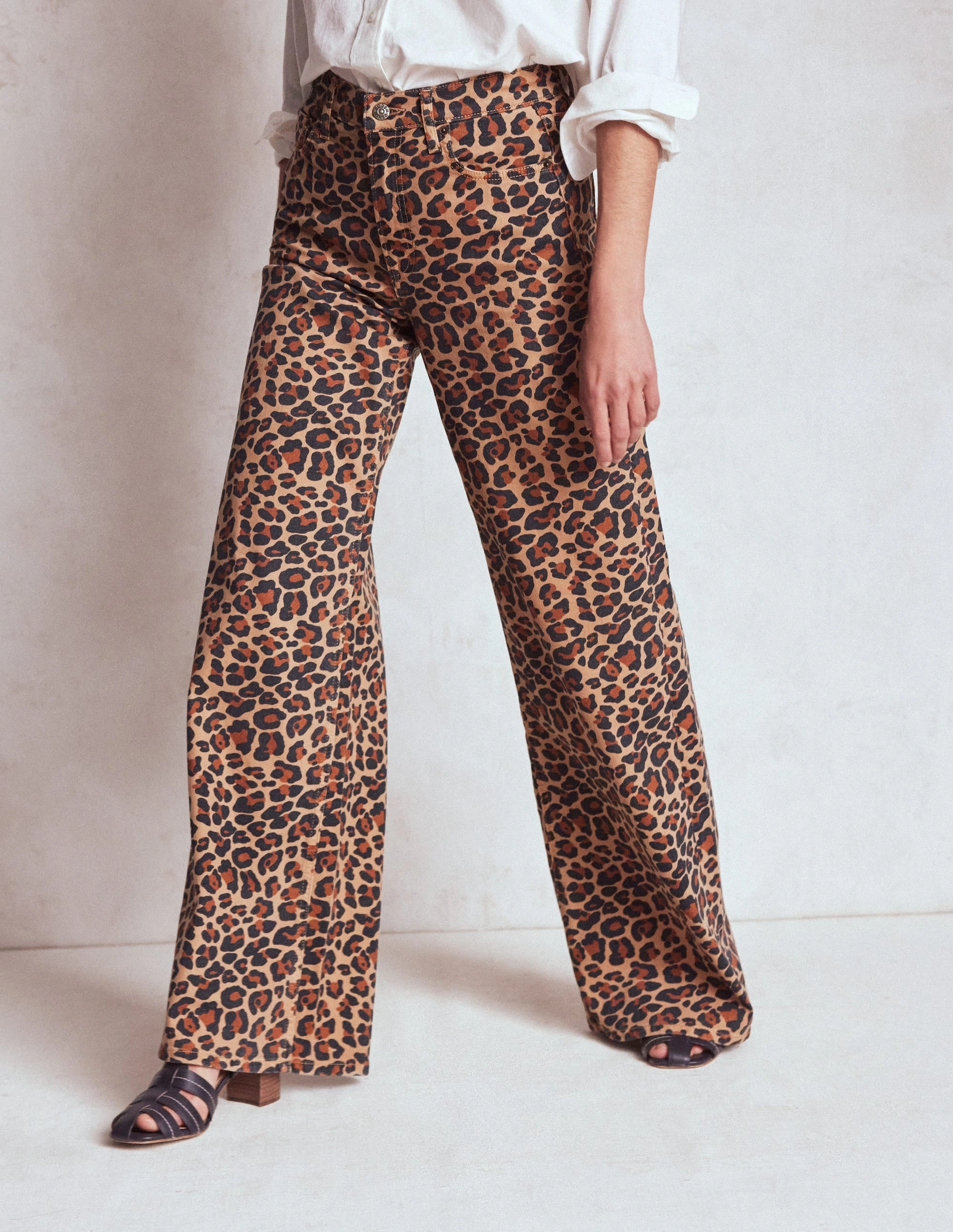 No Iron High Rise Wide Leg Jeans-Leopard Print